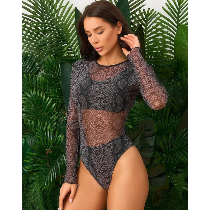 Maillot de bain taille haute manches longues — résille tendance