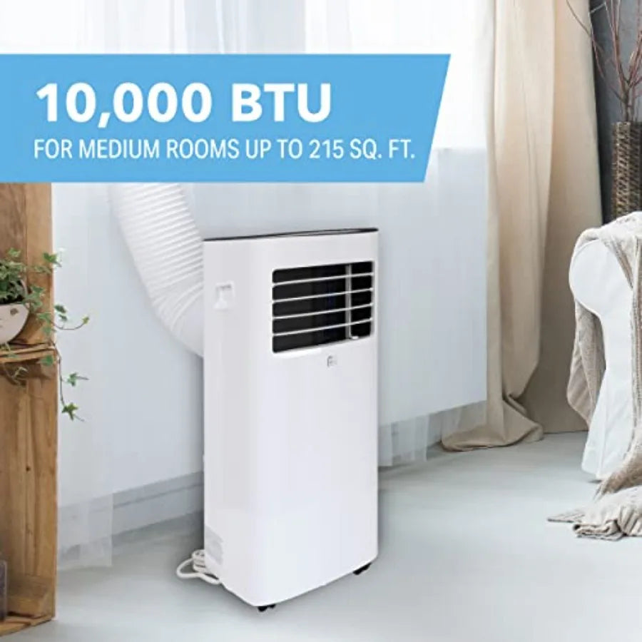 Portable air conditioner for small to medium rooms, white plastic housing, 10000 BTU/7000 SACC cooling capacity, energy-efficie