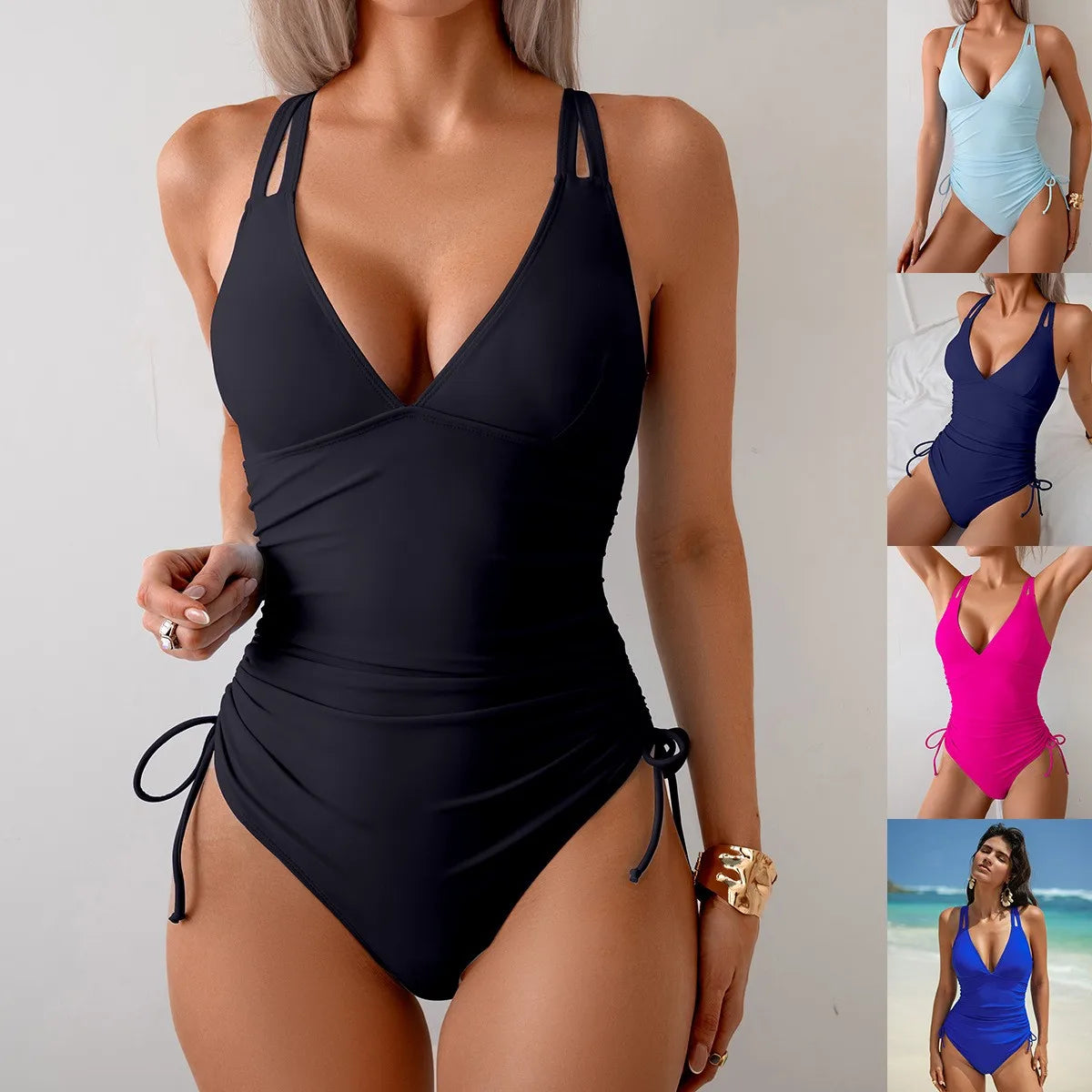 Maillot une pièce col V drapé — jambes échancrées