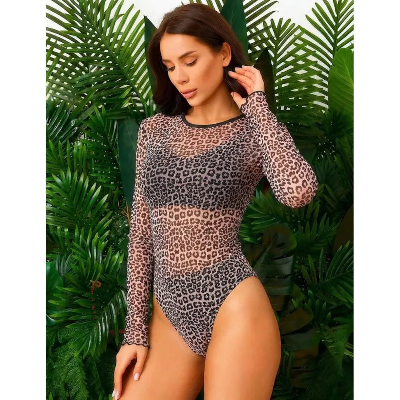 Maillot de bain taille haute manches longues — résille tendance
