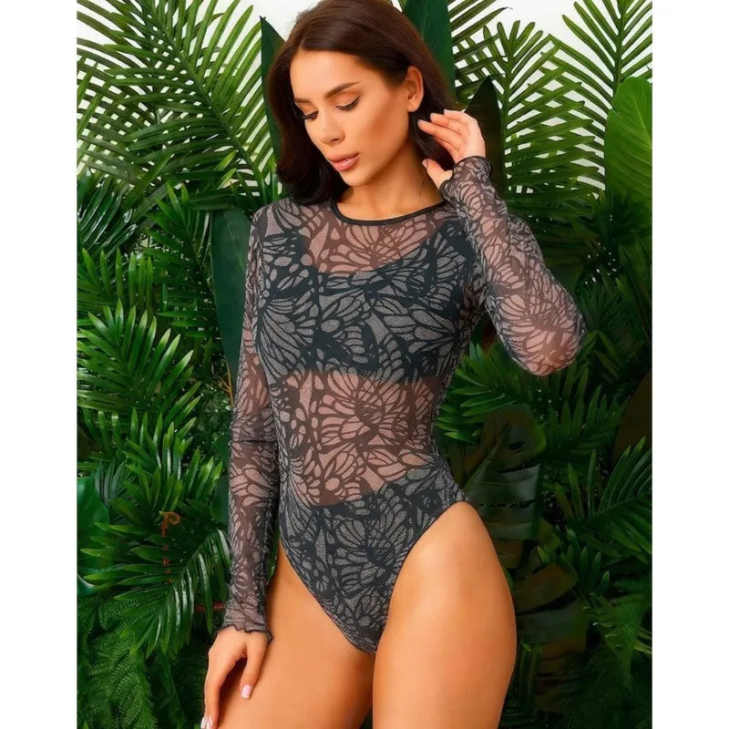 Maillot de bain taille haute manches longues — résille tendance