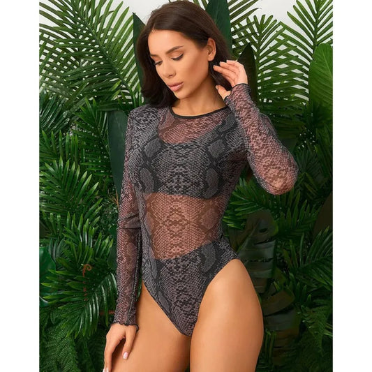 Maillot de bain taille haute manches longues — résille tendance