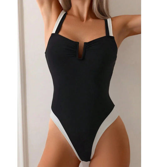 Tankini deep V neck noir & blanc - jambes échancrées