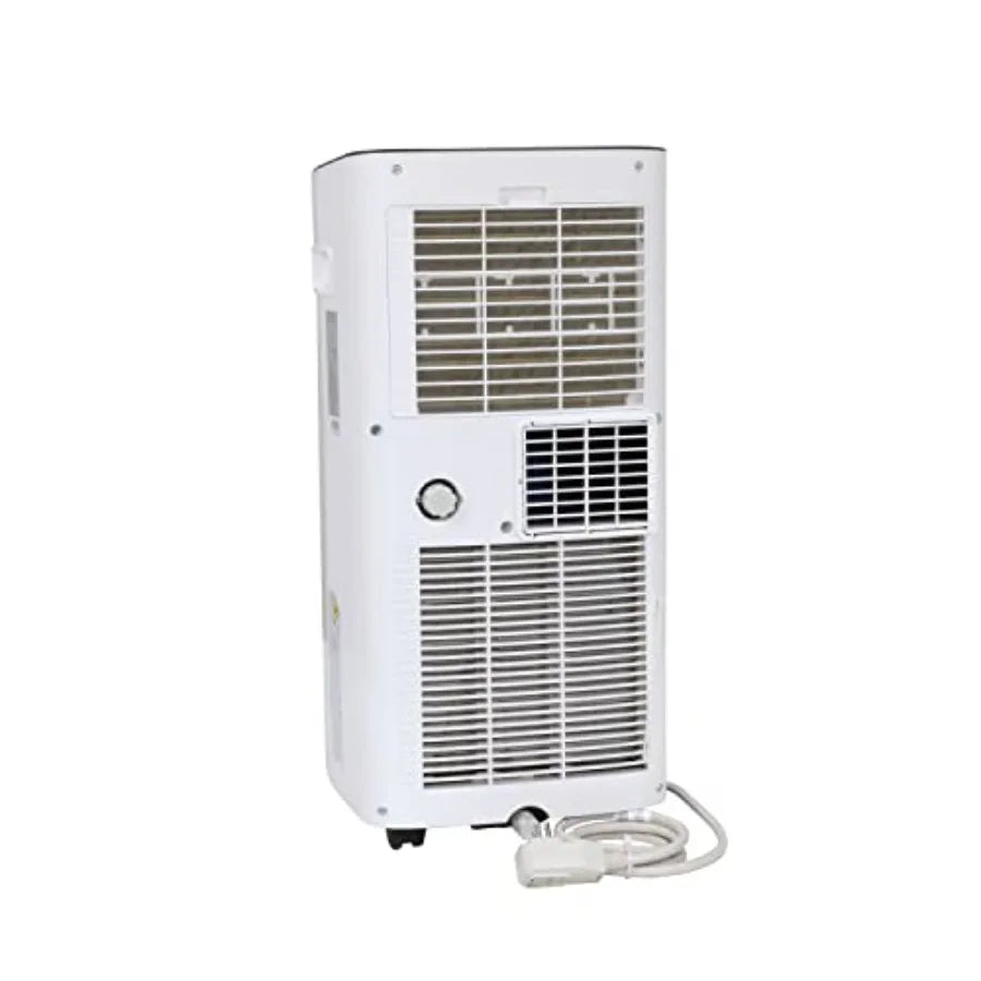 Portable air conditioner for small to medium rooms, white plastic housing, 10000 BTU/7000 SACC cooling capacity, energy-efficie