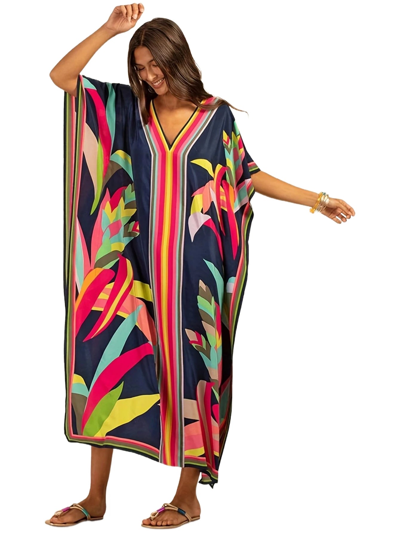 Robe kaftan grande taille col V — coupe ample d'été
