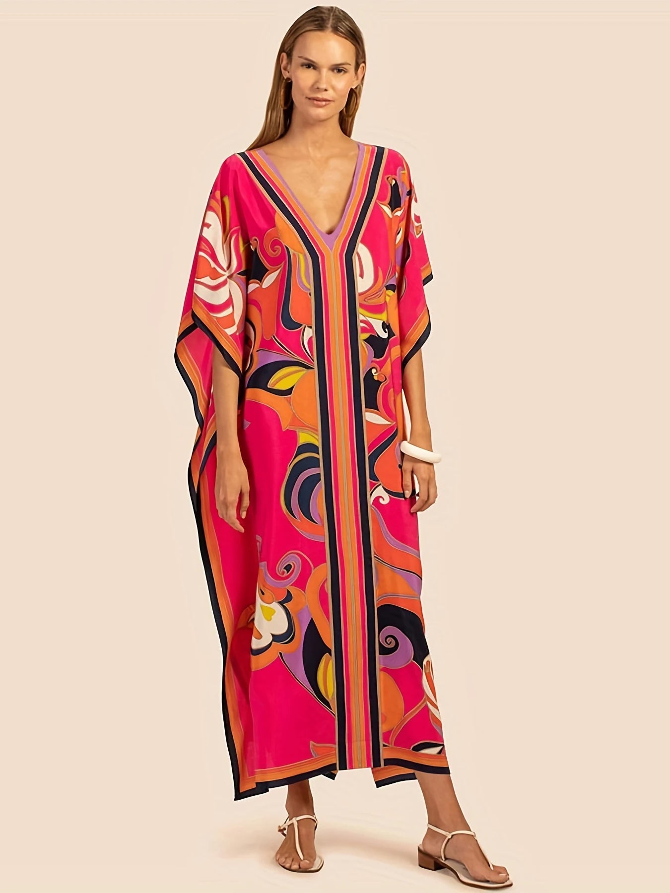 Robe kaftan grande taille col V — coupe ample d'été