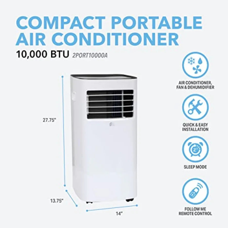 Portable air conditioner for small to medium rooms, white plastic housing, 10000 BTU/7000 SACC cooling capacity, energy-efficie