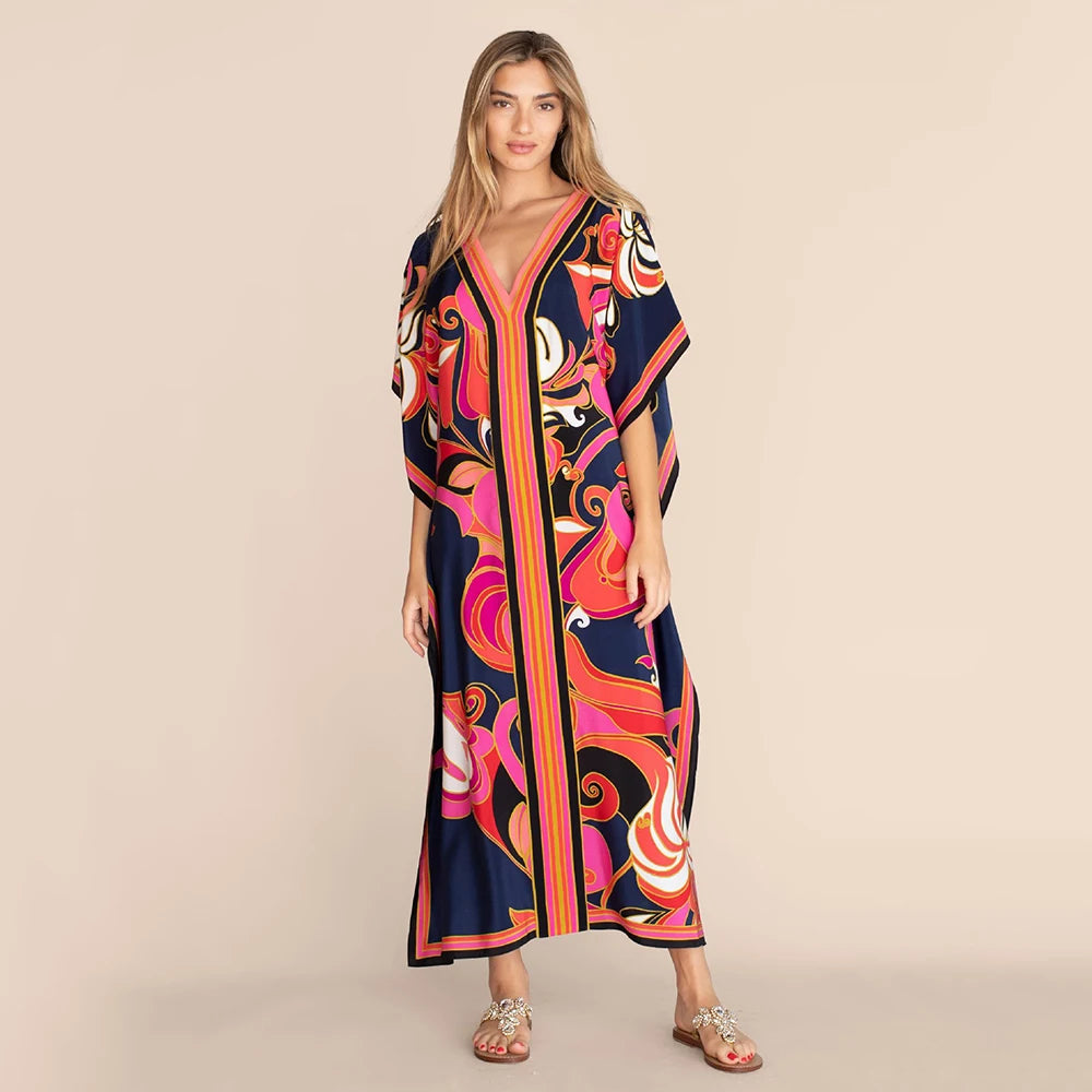 Robe kaftan grande taille col V — coupe ample d'été