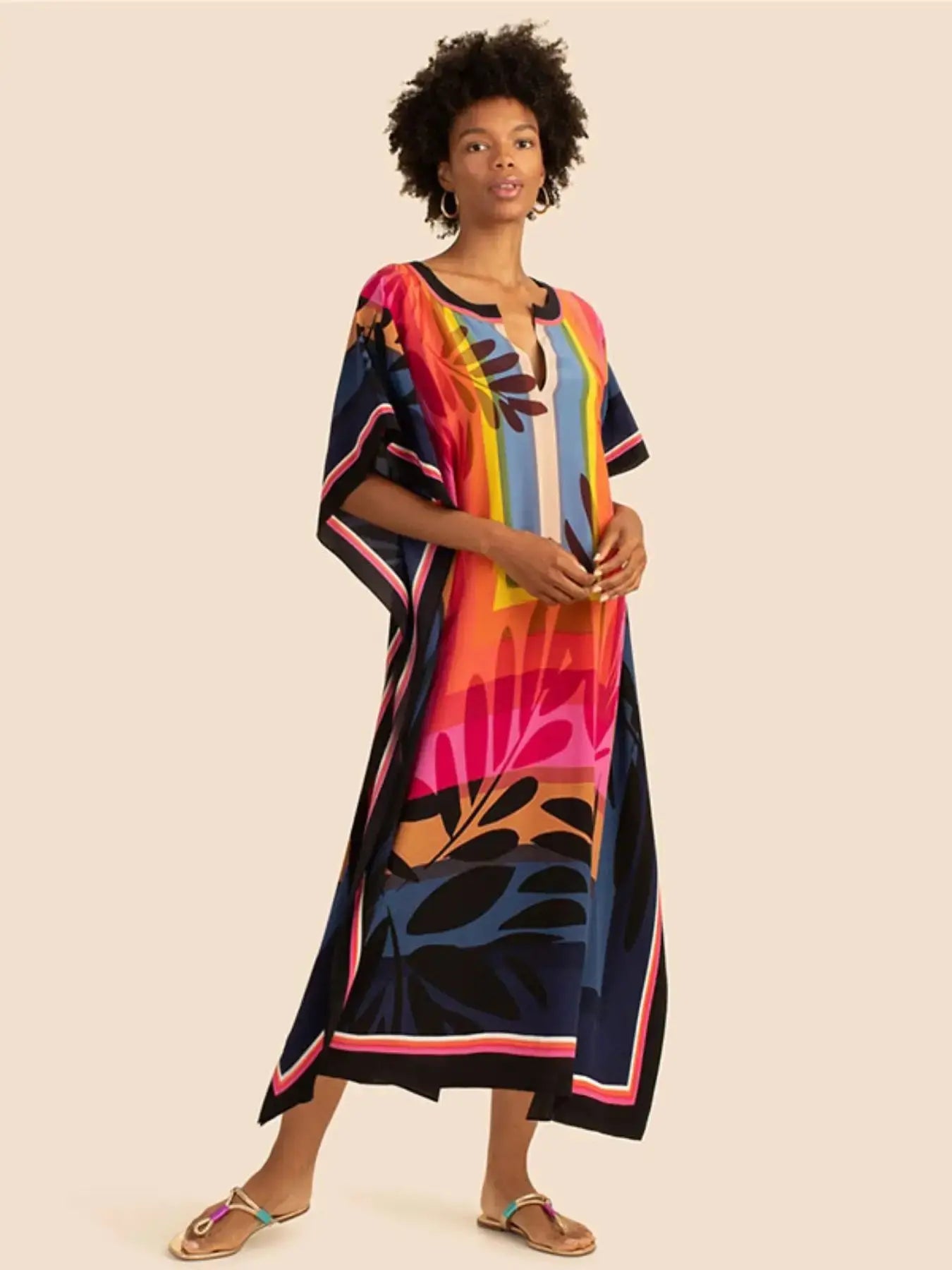 Robe kaftan grande taille col V — coupe ample d'été