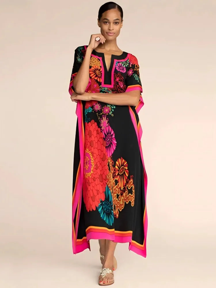 Robe kaftan grande taille col V — coupe ample d'été