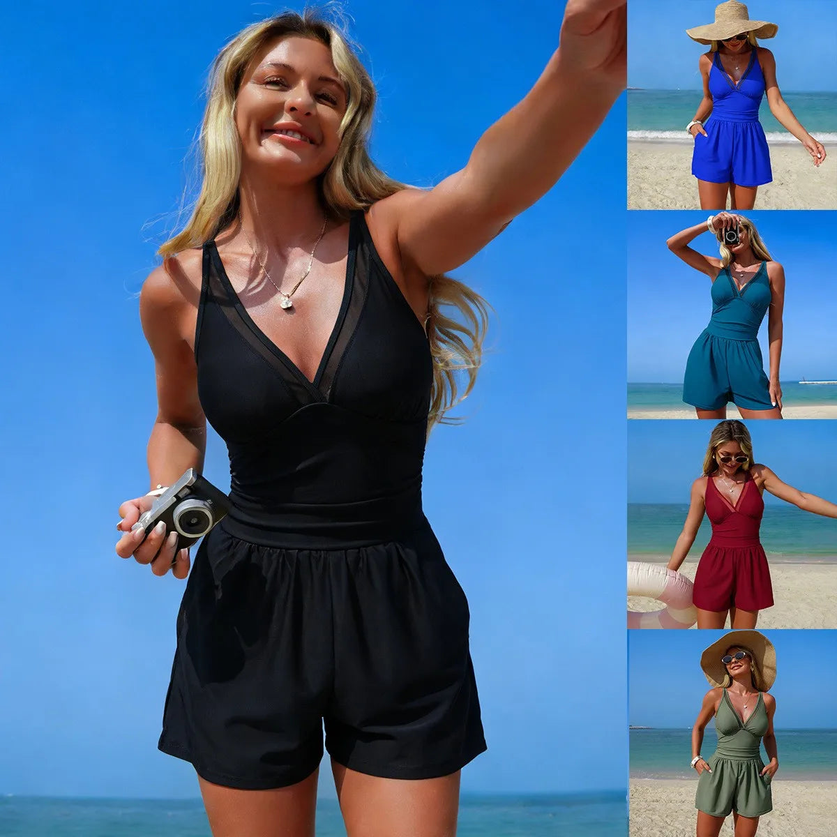 Maillot une pièce col V — empiècement résille & taille froncée