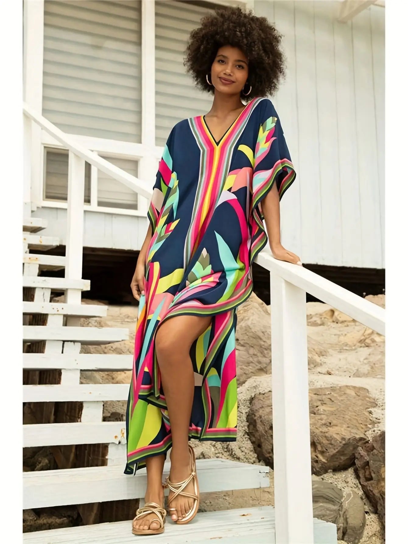 Robe kaftan grande taille col V — coupe ample d'été