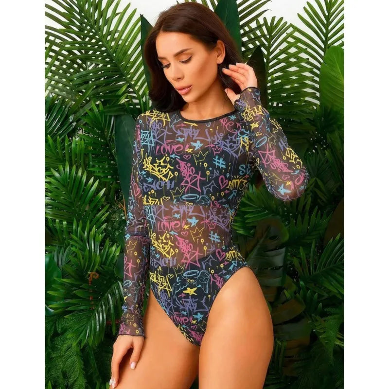 Maillot de bain taille haute manches longues — résille tendance