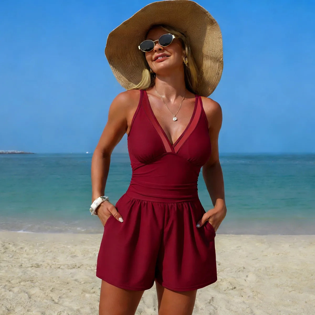 Maillot une pièce col V — empiècement résille & taille froncée