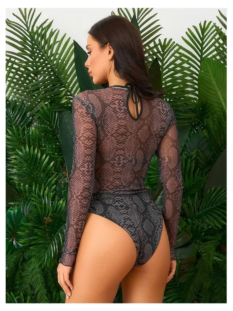 Maillot de bain taille haute manches longues — résille tendance