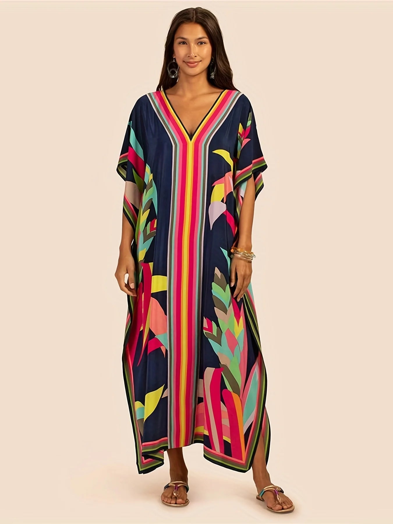 Robe kaftan grande taille col V — coupe ample d'été